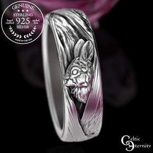 Sterling Silver Rabbit Wedding Ring, Tree Hollow Bunny Wedding Band, Silver Rabbit Forest Ring, Honey Bunnie Jewelry, Cottontail Pet, 3179