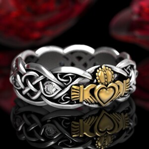 Anillo de boda de Claddagh celta de dos tonos con moissanita, plata y oro de 10 quilates, anillo de plata con nudo de la trinidad y diamantes, anillo de amor irlandés, 1685