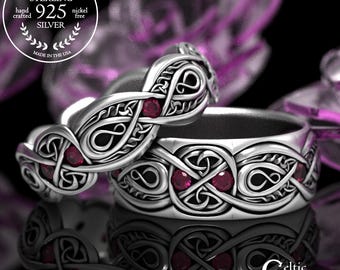 Sterling Silver & Ruby Trinity Ring Set, Irish Gemstone Knotwork Rings, Elegant Celtic Wedding Rings, Handfasting Band Set, 1411 1642