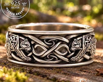 Mens Nordic Bear Wedding Ring, Sterling Scottish Bears Ring, Irish Knotwork Bear, Grizzly Bear Ring, Grooms Animal Ring, Life Partner, 3094
