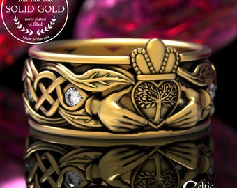 14K Gold Men's Tree Claddagh Ring, 10K Irish Groom Heart Ring, Moissanite Celtic Crown Wedding Band, Platinum Botanical Marriage Vow, 2042