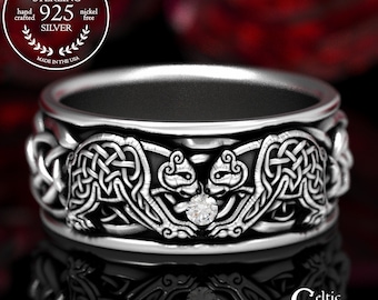 Twin Bears Celtic Wedding Ring in Sterling Silver, Celtic Bear Ring, Bear Wedding Band, Moissanite Mens Ring, Black Bear Ring, 1691