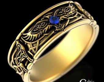 Mens Gold Raven & Wolf Ring, Sapphire Gold Wolf Ring, 14K Men Raven Ring, 10K Men Wolf Ring, 14K Viking Ring, Gold Viking Wedding Band, 1698