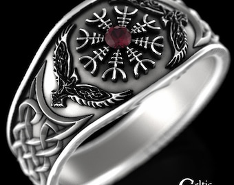 Helm of Awe Ring, Ruby & Sterling, Silver Viking Ring, Mens Ruby Ring, Viking Ring, Raven Ring, Viking Wedding Band, Ruby Raven Ring, 3019