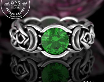 Celtic Emerald Womens Ring, Sterling Silver Moon Wedding Ring, Silver Crescent Moon Ring, Womens Green Witch Ring, Magic Moon Goddess, 4493