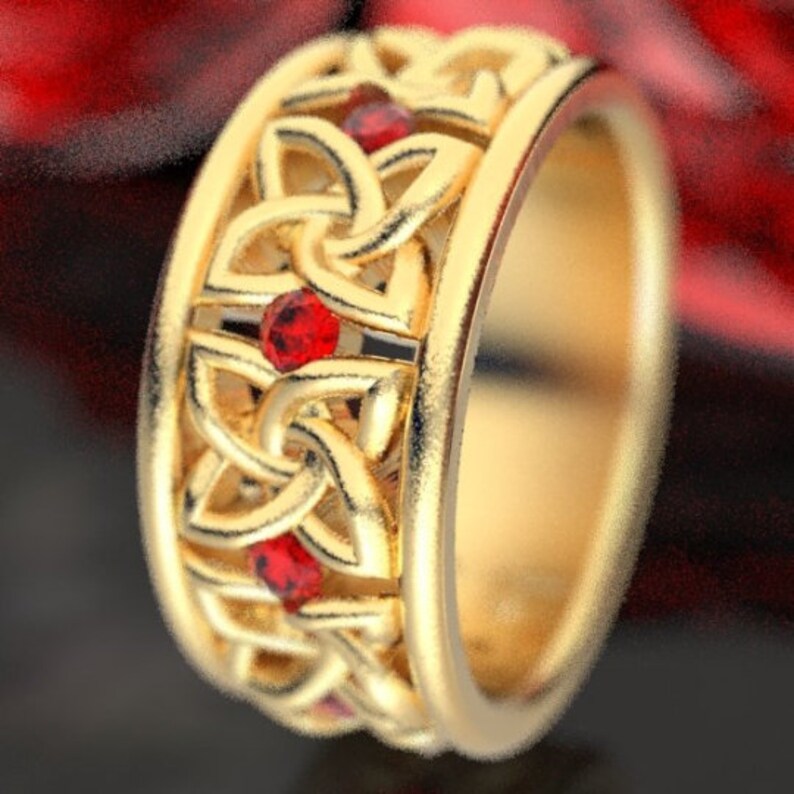 Made in Your Size CR-1010 platinum or palladium 10K 14K 18K Celtic Wedding Ring with Rubies in 4 Petal Flower Dara Knot Design Sterling
