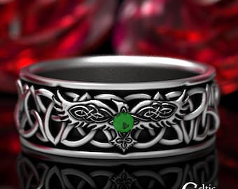 Emerald Raven Ring, Sterling Silver, Emerald Viking Ring, Mens Emerald Wedding Band, Mens Irish Wedding Band, Mens Irish Wedding Ring, 1696