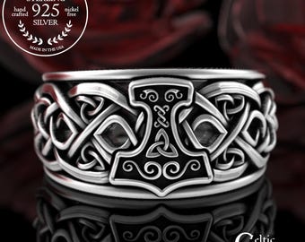 Viking Hammer of Thor Ring, Sterling Grooms Norse Wedding Band, Silver Mjolnir Lightning Hammer, Mens Wide Traditional Viking Ring, 3226