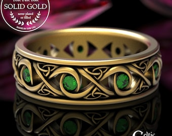 Celtic Gold Wedding Ring With Emeralds, Infinity Knot Wedding Ring, Infinity Knot Ring With Emerald, Celtic Wedding Ring, Gold Platinum 1410