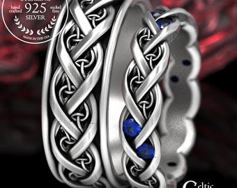 Sapphire & Sterling Silver Celtic Wedding Band Set, His Hers Modern Matching Wedding Bands, Infinity Braided Handfasting Rings, 1418 1419