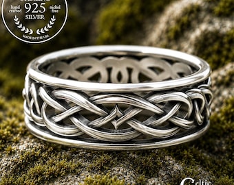 Mens Modern Celtic Ring, Sterling Silver Mens Wedding Band, Interwoven Mens Ring, Silver Celtic Wide Band, Mens Wide Wedding Ring, 1648