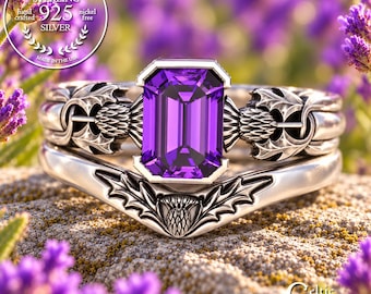 Sterling Thistle Bridal Wedding Ring Set with Emerald-Cut Amethyst, Silver Scottish Engagement & Accent Ring Set, 3200 3361