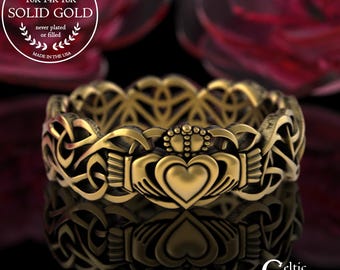 18K Trinity Knotwork & Heart Crown Ring, 10K White Gold Womens Handfasting Ring, 14K Irish Anniversary Ring, Women's Claddagh Wedding, 3236