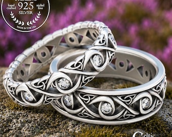 Celtic Moissanite Wedding Set, His Her Infinity Wedding Band Set, Sterling Celtic Wedding Ring, Moissanite Wedding Band, 1409 + 1410