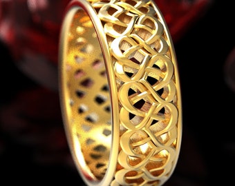 Mens Gold Celtic Wedding Band, 10K Heart Knot Celtic Design, 14K Mens Irish Wedding Band, White Gold Irish Heart Ring, Platinum Heart, 1335