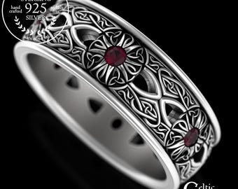 Ruby Catholic Cross Ring, Sterling Christian Cross Wedding Band, Sapphire Men's Promise Ring, Silver Irish Celtic Groom Marriage Ring, 3242