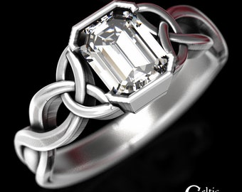 Moissanite & Sterling Silver Celtic Ring, Emerald Cut Engagement Ring, Silver Celtic Ring, Celtic Engagement Ring, Celtic Solitaire Ring 401