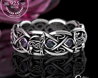 Celtic Wolf Wedding Ring, Alexandrite Sterling Womens Ring, Irish Wolf Wedding Band, Alexandrite Viking Wolf Wedding Band, Handfasting, 1267