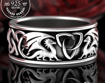 Sterling Viking Dragon Ring, Mens Dragon Wedding Band, Black Spinel Celtic Dragon Ring, Nordic Mens Ring, Silver Irish Black Dragon, 3052