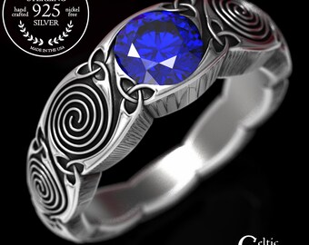 Celtic Spiral Sapphire Wedding Ring in Sterling Silver, Designer Engagement Ring, Sapphire Engagement Ring, Celtic Spiral Ring, 1724