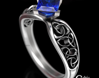 Celtic Princess Cut Sapphire Solitaire with Sapphire, Celtic Engagement Ring, Sapphire Sterling Silver Wedding Ring, Celtic Knot Ring, 1427