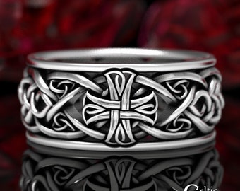 Sterling Celtic Cross Ring, Irish Wedding Band, Mens Celtic Wedding Band, Irish Cross Ring, Celtic Knotwork Ring, Silver Cross Ring, 1856