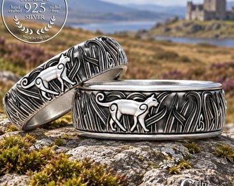 Sterling Bride Groom Cat Ring Set, Matching Tomcat & Kitty Wedding Rings, Silver Celtic Cat Wedding Bands, Feline Grassland Rings, 1911 1912