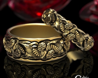 Gold His & Hers Thistle Ring Set, Scottish Wedding Rings,  Celtic Thistle Rings, Celtic Wedding Rings, Platinum Wedding Rings, 1470 1471