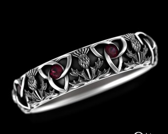 Ruby Scottish Thistle Wedding Band, Sterling Ruby Knotwork Ring, Celtic Silver Trinity Knot, Womens Irish Wedding Ring, Ruby Thistle, 4813