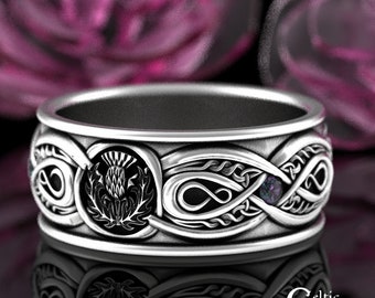 Sterling Mens Scottish Thistle Ring, Mens Alexandrite Wedding Ring, Celtic Mens Ring, Irish Thistle Wedding Band, Silver Thistle Ring, 3036