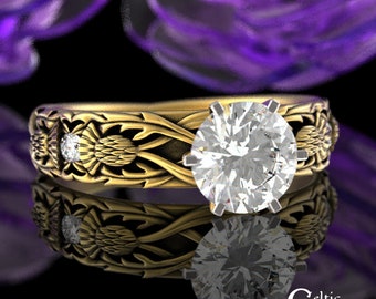 Solid Gold Royal Thistle Solitaire Ring, 10K 14K 18K Moissanite Guardian Flower Engagement Ring, Elegant Celtic Thistle Proposal Ring, 3062