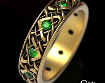 Celtic Emerald Wedding Ring, Heart Wedding Band, Emerald Gold Celtic Knot Ring, Platinum Wedding Band, Emerald Gold Wedding Band, 1459