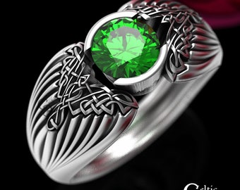 Sterling Silver Raven Ring, Emerald Celtic Ring, Odin Raven Ring, Mens Viking Ring, Celtic Wedding Band, Norse Ring, Mens Wedding Ring, 1491