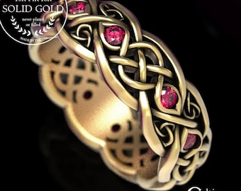 Gold Ruby Traditional Irish Wedding Band, 10K Scottish Wedding Vow Ring, 14K Celtic Ruby Bridal Ring, Platinum Ruby Knotwork Marriage, 1052