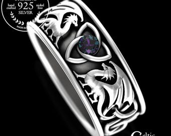 Alexandrite Dragon Ring, Celtic Dragon Wedding Band, Sterling Mens Dragon Ring, Silver Irish Dragon Ring, Dragon Wedding Ring, 3052