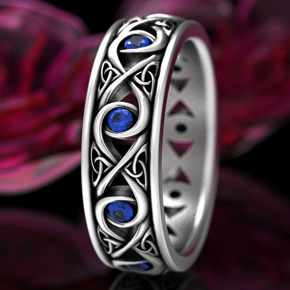 Celtic Knot Ring With Sapphires, Sterling Infinity Knot Ring, Trinity