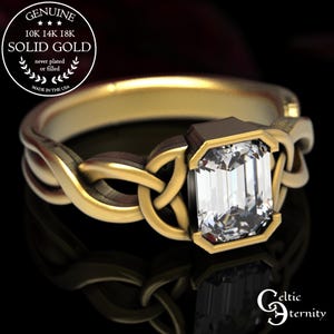 Moissanite Gold Celtic Ring, Emerald Cut Moissanite Engagement Ring, Gold Celtic Engagement Ring, Gold Celtic Solitaire Ring, 401