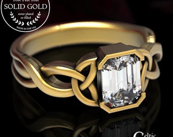 Moissanite Gold Celtic Ring, Emerald Cut Moissanite Engagement Ring, Gold Celtic Engagement Ring, Gold Celtic Solitaire Ring, 401