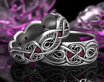 Sterling Silver & Ruby Trinity Ring Set, Irish Gemstone Knotwork Rings, Elegant Celtic Wedding Rings, Handfasting Band Set, 1411 1642