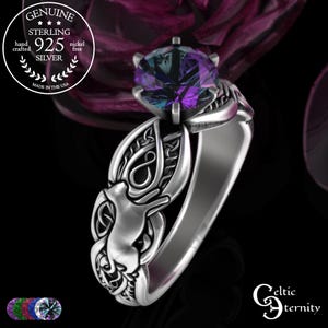 Alexandrite Kitty Solitaire Ring, Sterling Irish Cat Wedding Ring, Silver Feline Pussycat Engagement Ring, Kitten Celtic Proposal Ring, 3273