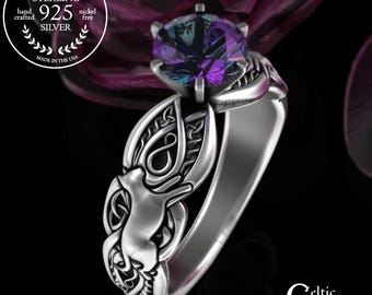 Alexandrite Kitty Solitaire Ring, Sterling Irish Cat Wedding Ring, Silver Feline Pussycat Engagement Ring, Kitten Celtic Proposal Ring, 3273