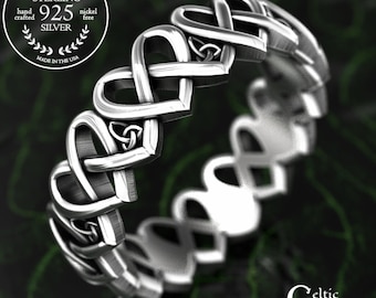 Sterling Knotted Heart & Trinity Wedding Ring, Interwoven Hearts with Celtic Knotwork, 925 Irish Bride's Silver Braided Heart Pattern, 1999
