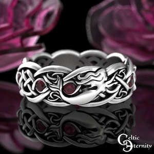 Ruby Irish Mermaid Ring, Sterling Mermaid Wedding Ring, Ruby Celtic Siren Ring, Scottish Mermaid Ring, Silver Ocean Wedding Band, Woman 3058