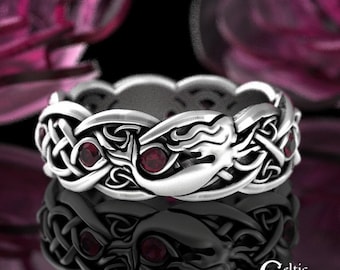 Ruby Irish Mermaid Ring, Sterling Mermaid Wedding Ring, Ruby Celtic Siren Ring, Scottish Mermaid Ring, Silver Ocean Wedding Band, Woman 3058
