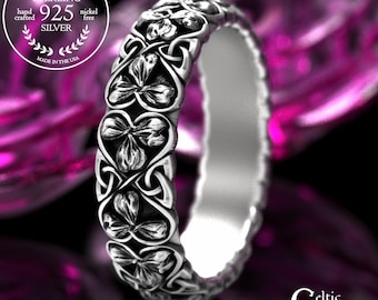 Woman's Sterling Shamrock Ring, Silver Celtic Heart & Clover Ring, Trinity Knot Irish Wedding Band, Classic Ireland Symbol Statement, 2064