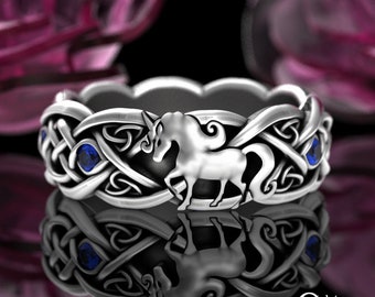 Blue Sapphire Irish Unicorn Ring, Sterling Silver Womens Horse Ring, Magical Jewelry, Unicorn Wedding Ring, Silver Sapphire Celtic Ring 3032