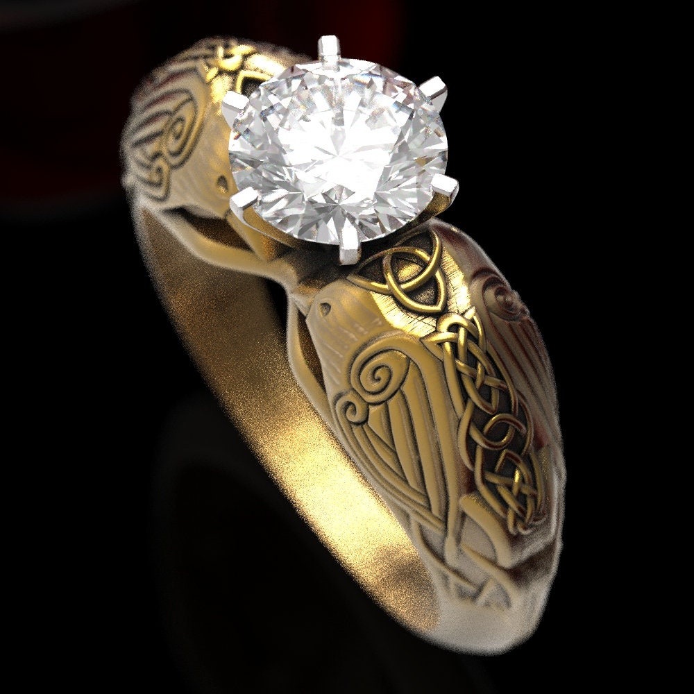 Gold Raven Ring, Moissanite Viking Ring, Raven Engagement Ring, Viking