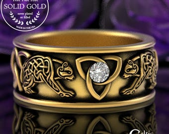 Gold Viking Bear Ring, 10K Moissanite Irish Wedding Band, 14K Gold Mens Bear Wedding Ring, Gold Norse Wedding Design, 10K Bear Ring, 3102