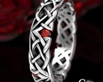 Ruby Celtic Wedding Band, Narrow Wedding Ring, Sterling Celtic Wedding Ring, Unique Wedding Band, Thin Wedding Ring, Modern Ruby Ring, 1505