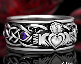 Mens Sterling Claddagh Ring, Amethyst Claddagh Wedding Ring, Mens Amethyst Celtic Ring, Sterling & Amethyst Irish Wedding Band, 1688